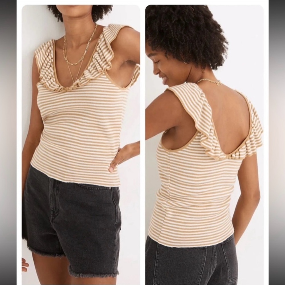 Madewell sweater tank striped with double V neck and ruffle